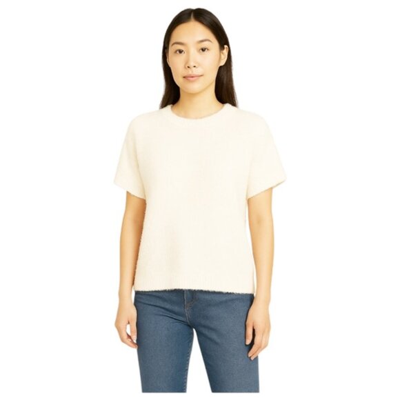 Anthropologie Sweaters - Anthropologie Small Cream Asymmetrical Hem Short  Sleeve Eyelash Sweater